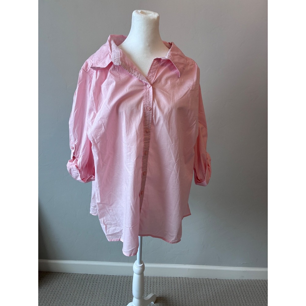St. Johns Bay Womens 3X Parker Pink Cotton Button Front Roll Tab Sleeve Shirt